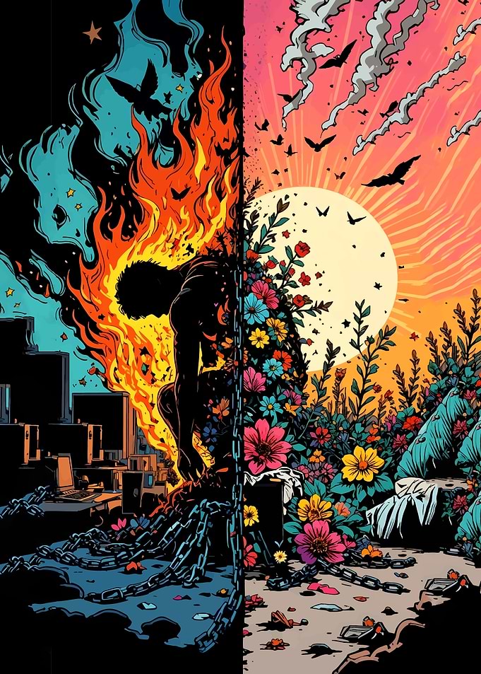 Duality of Life: Fire and Flowers