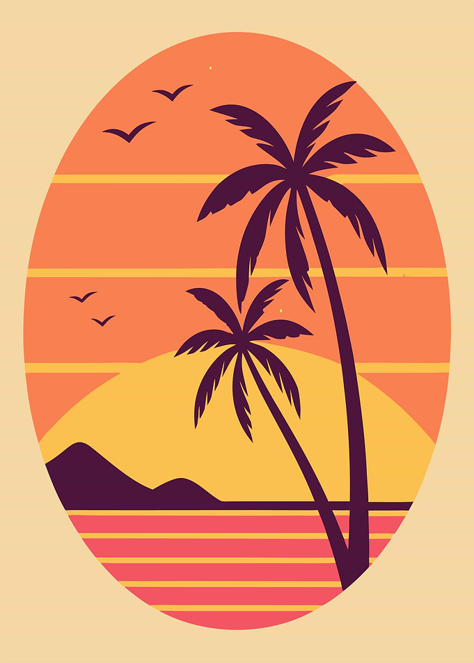 Retro Sunset Beach Palm Trees