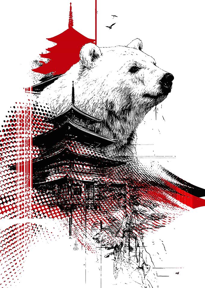 Bear and Japanese Pagoda Art