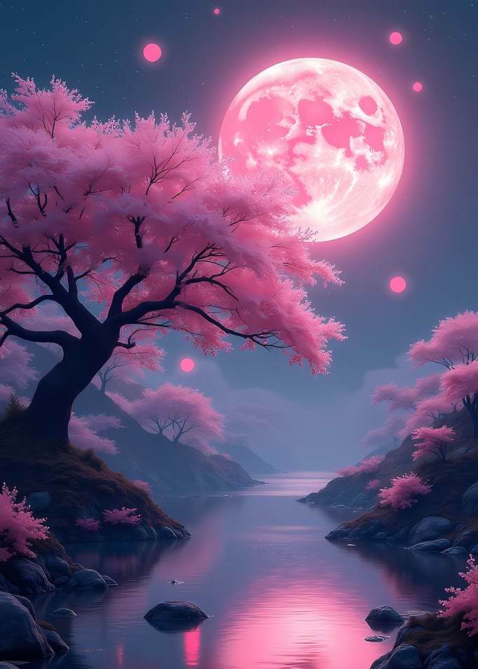 Pink Moon Lake Poster – Dreamy Sakura Night Landscape | Fantasy Moon Wall Art