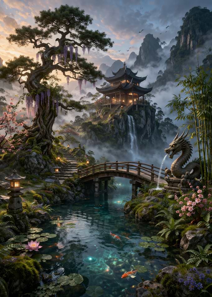 Asian Garden with Dragon Fountain
