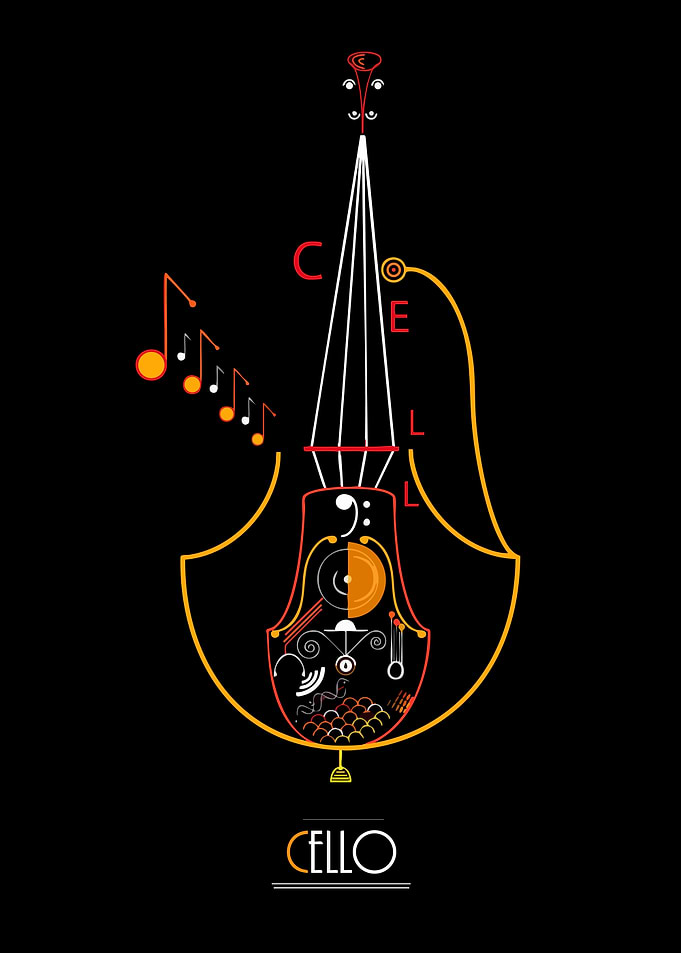 Abstract Cello with Musical Notes