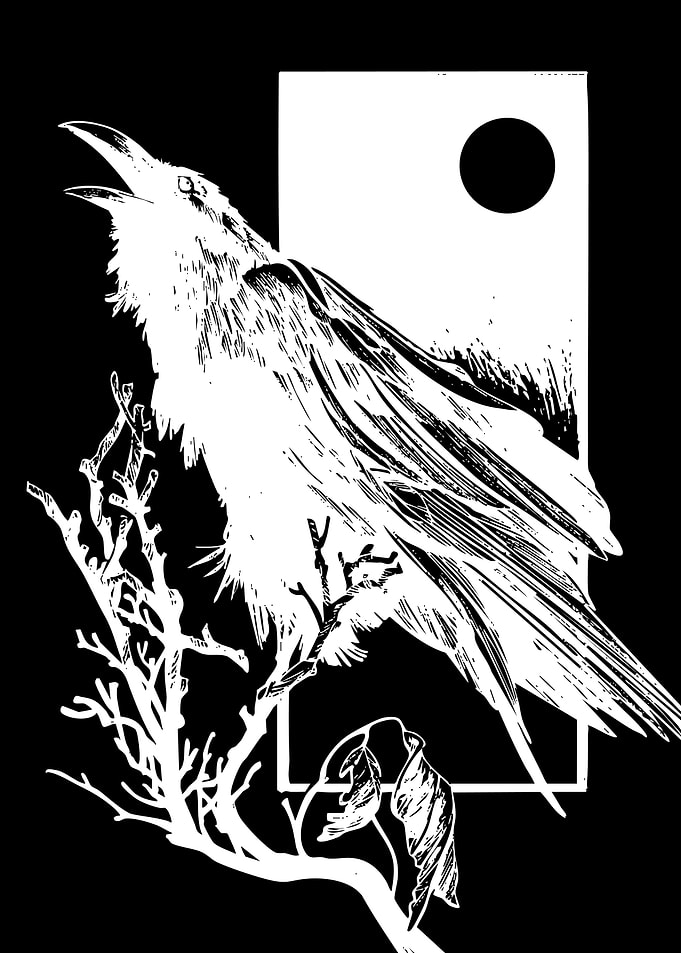 Raven perched on a branch under a black sun