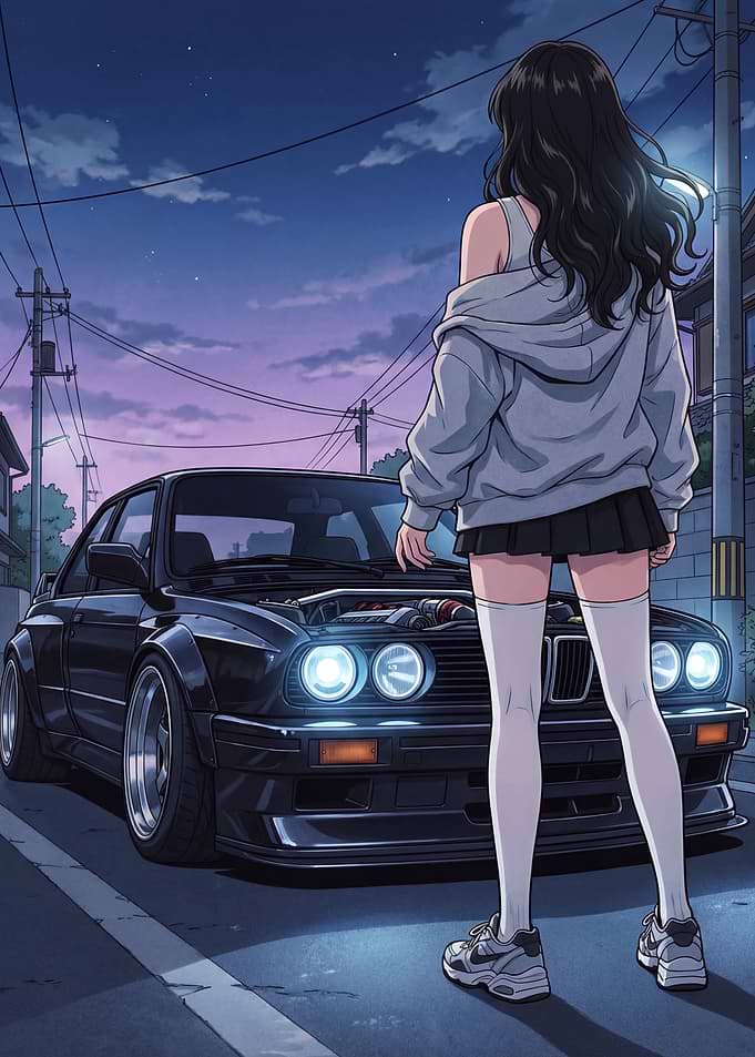 Anime Girl and BMW E30 Car at Night