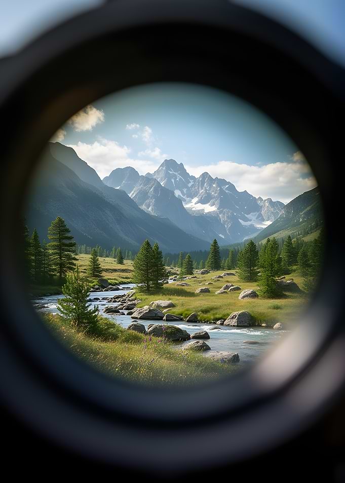 Mountain River Landscape Through Binoculars