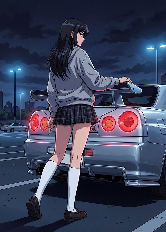 Anime Girl Gtr R34 Car at Night