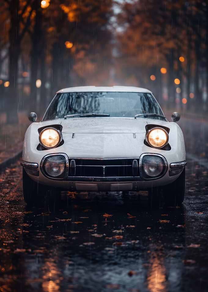 Classic White Toyota 2000GT in Rain