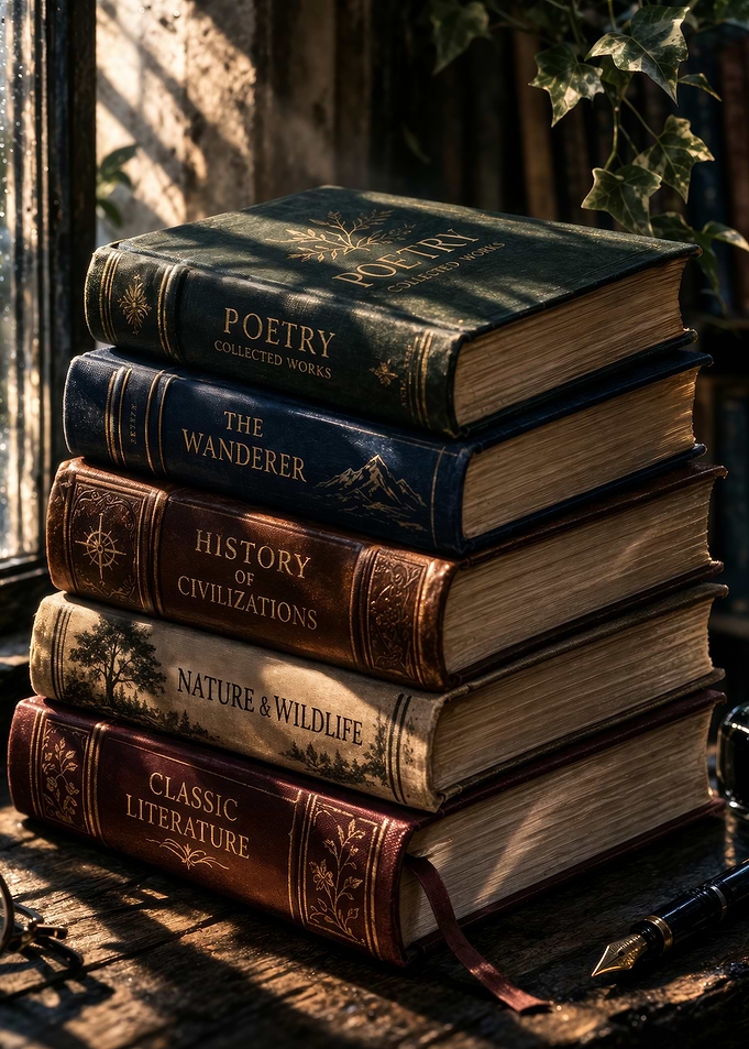 Stack of antique books by a window