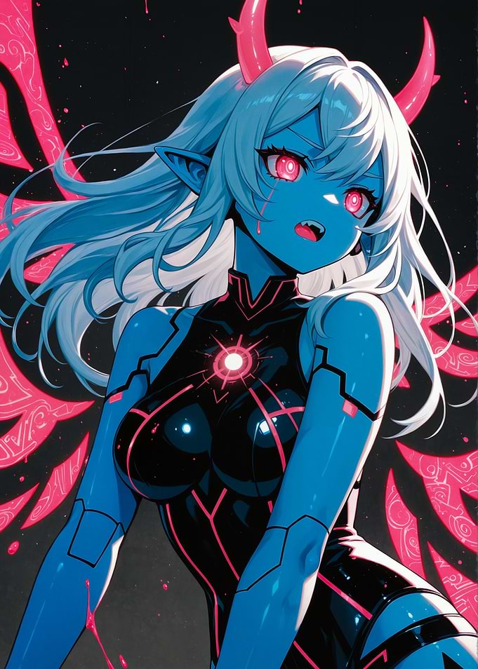 Blue Demon Girl with Pink Horns