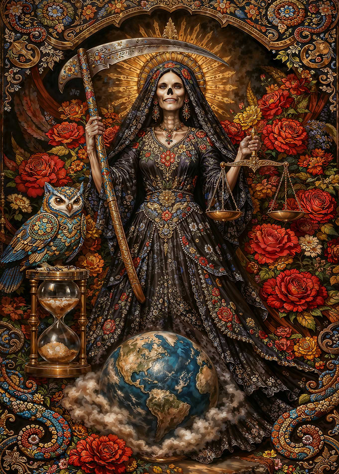 Black Robe Santa Muerte with Owl and Globe