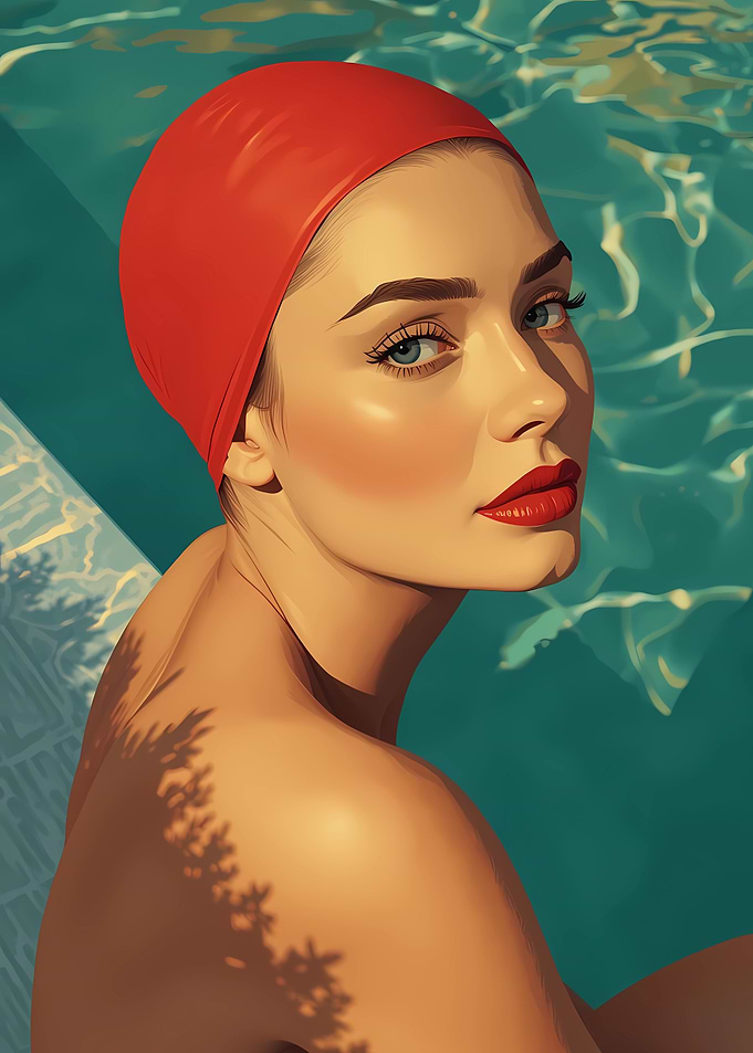 Woman in red swim cap by pool