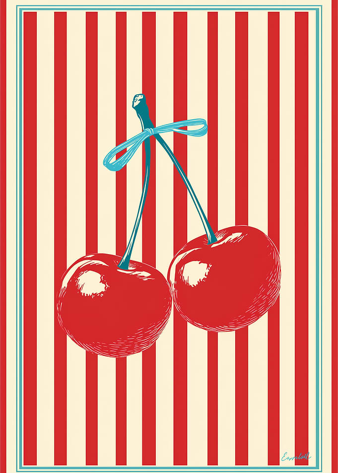 Cherries with Blue Ribbon on Striped Background