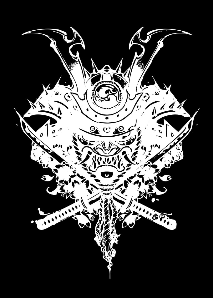 Samurai Mask with Swords and Flowers