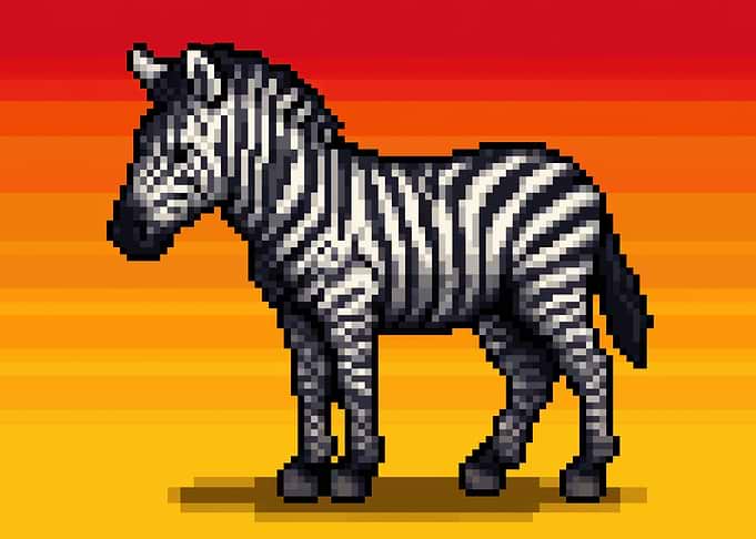 Pixel Art Zebra on Sunset Background