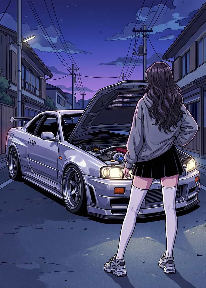 Anime Girl and Modified Car at Night