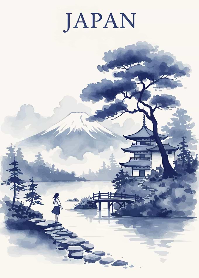 Japanese Landscape with Pagoda and Mount Fuji