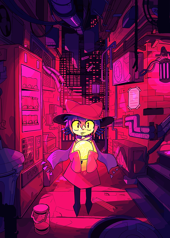 Niko holding a sun in a cyberpunk alley