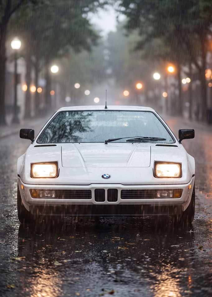 White BMW M1 in the rain
