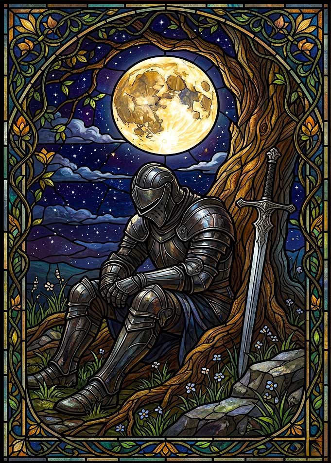 Knight Resting Under a Full Moon