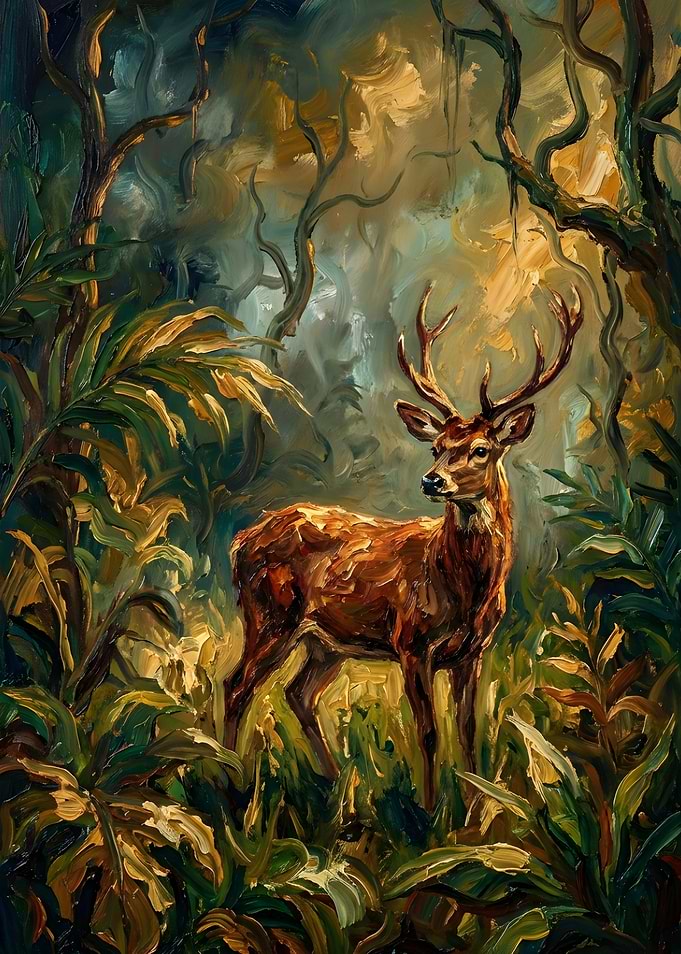 Majestic Deer With Antlers In A Sunlit Forest Wildlife Painting