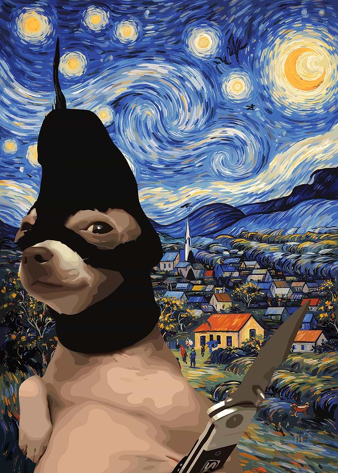 Chihuahua in ski mask with knife