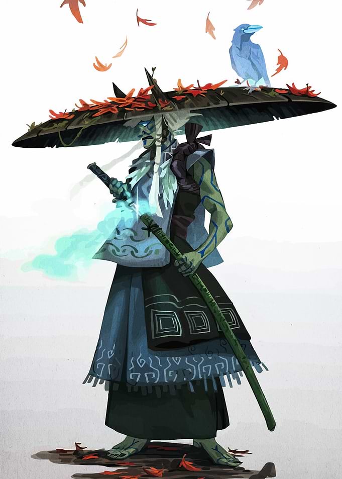 Samurai with Crow and Autumn Leaves