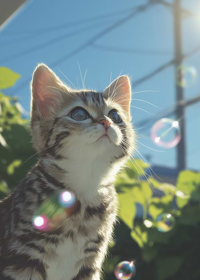 Kitten looking at bubbles