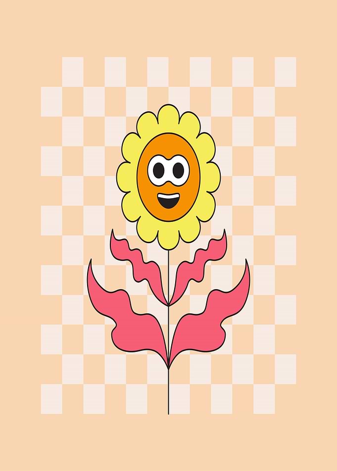 Happy Cartoon Flower with Checkerboard Background