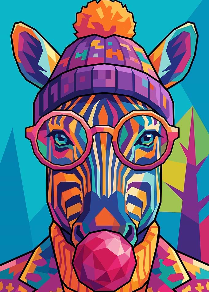 Stylized Zebra Wearing Hat and Glasses