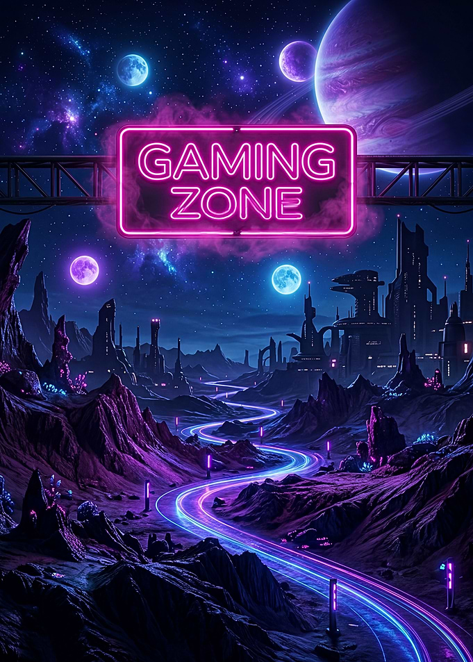 Neon Gaming Zone in Sci-Fi Landscape