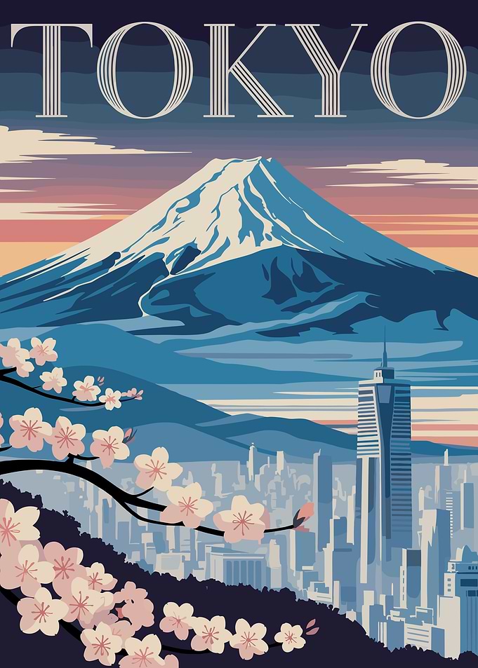 Tokyo cityscape with Mount Fuji and cherry blossoms