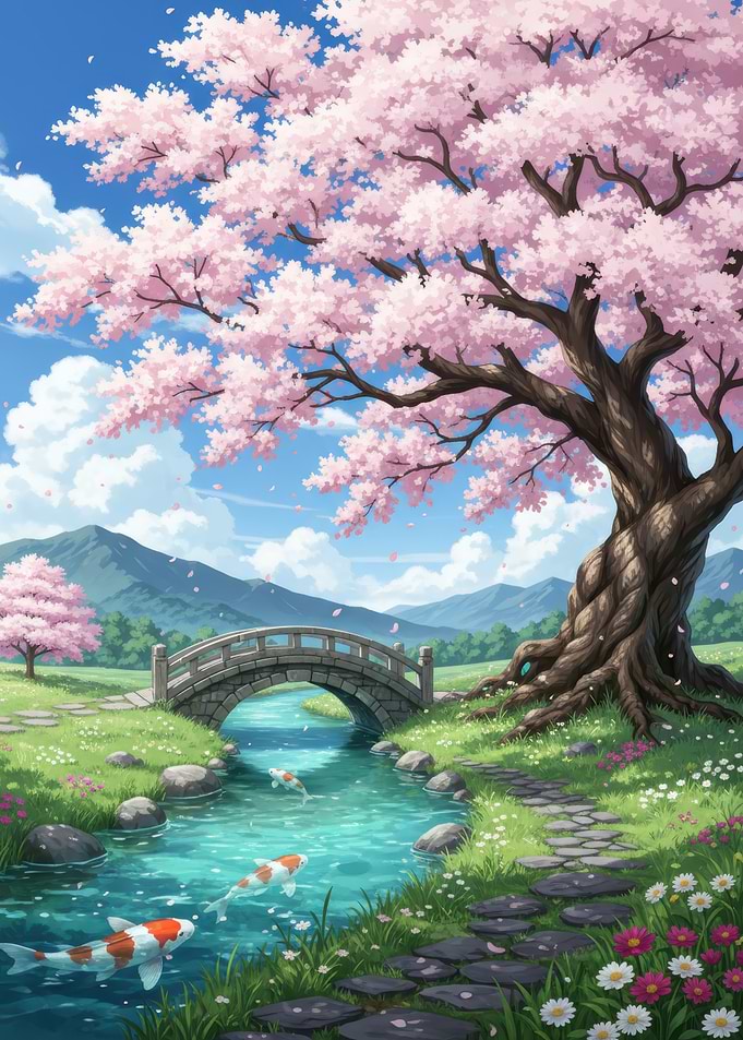 Serene Japanese Garden with Cherry Blossoms