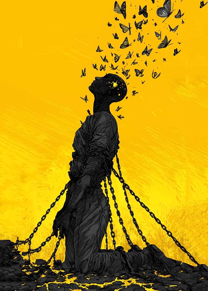Chained Figure Releasing Butterflies