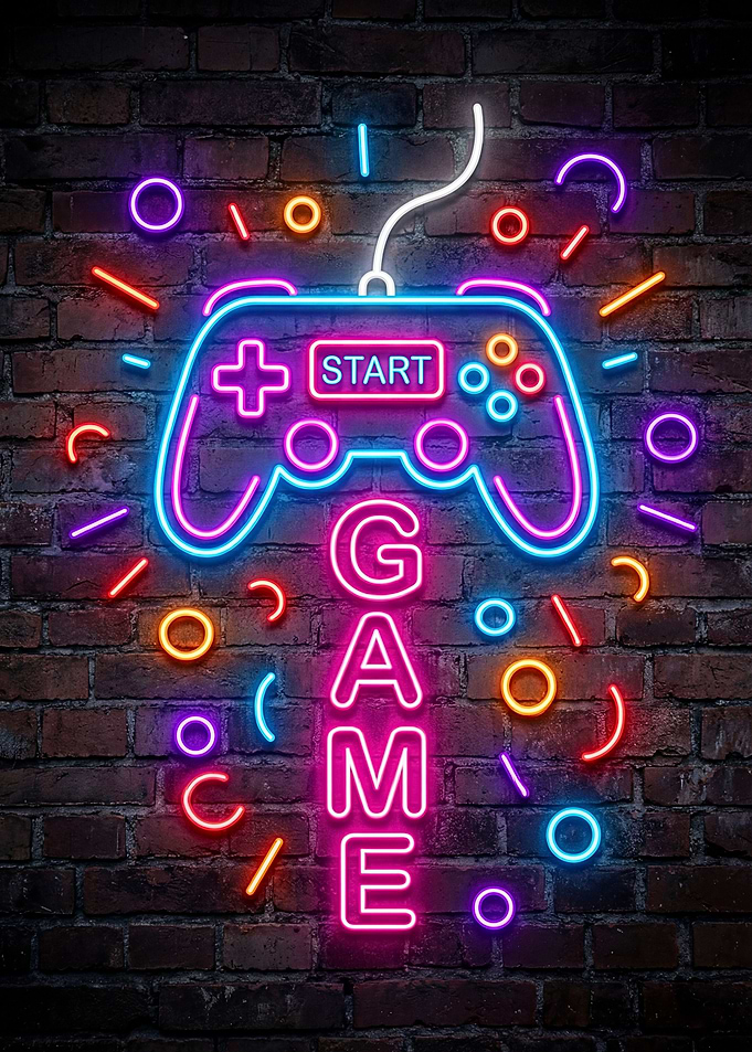 Neon Game Controller and Text Art