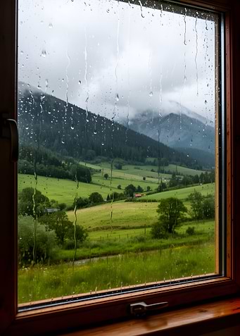 Rainy Window View of Green Valley