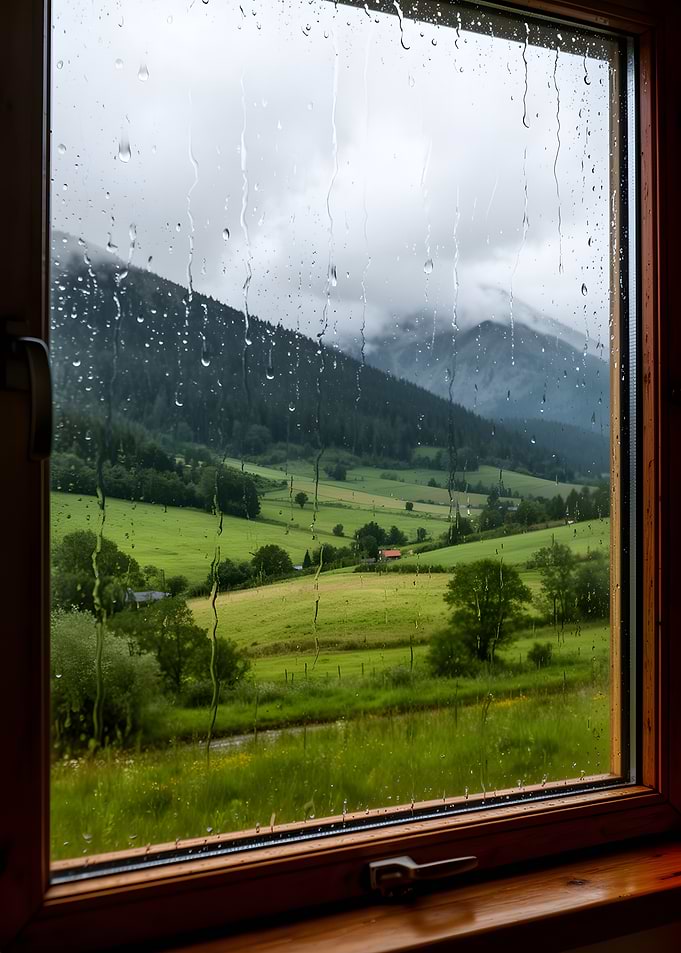 Rainy Window View of Green Valley
