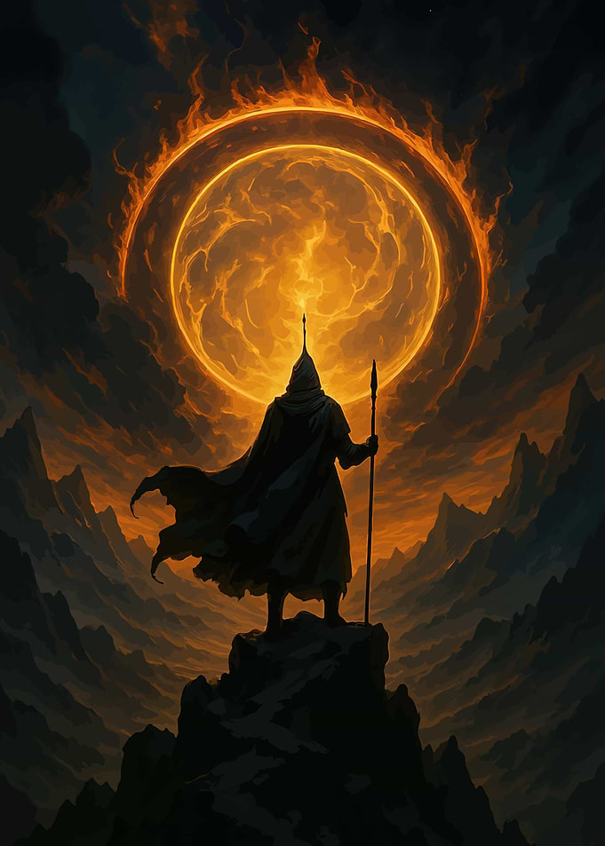 Mysterious figure before a fiery sun