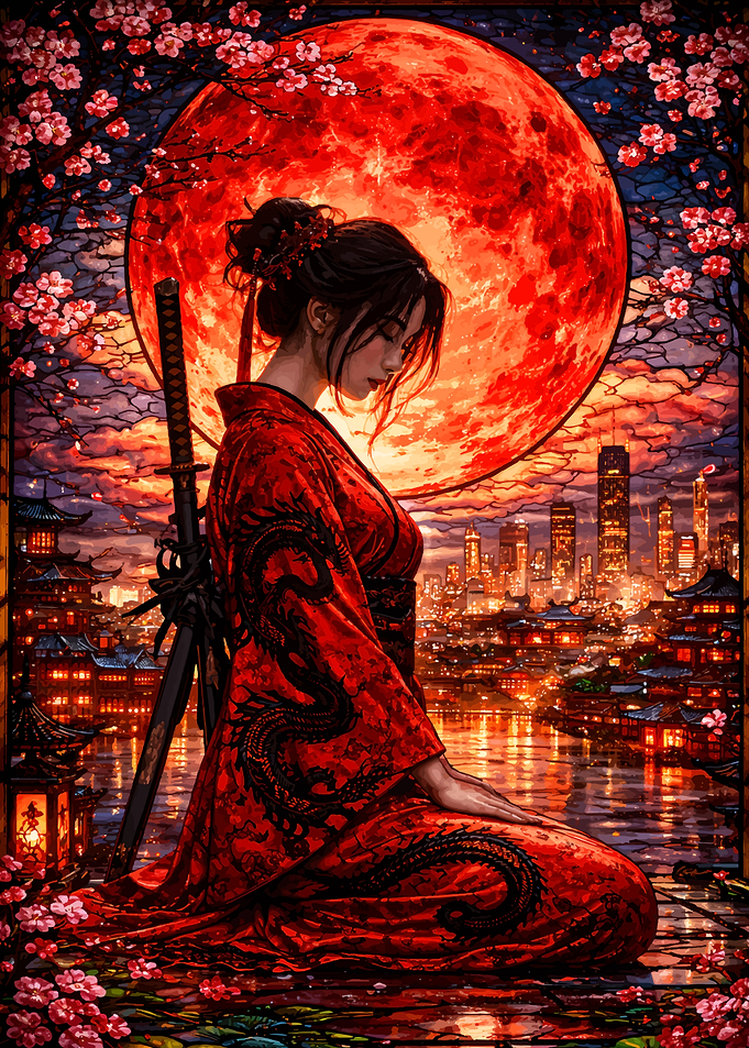 Samurai Woman Under a Blood Moon