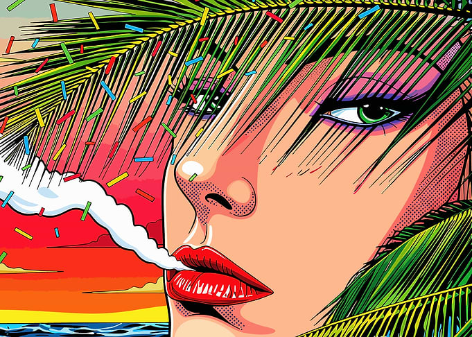 Pop Art Woman Smoking with Palm Leaves