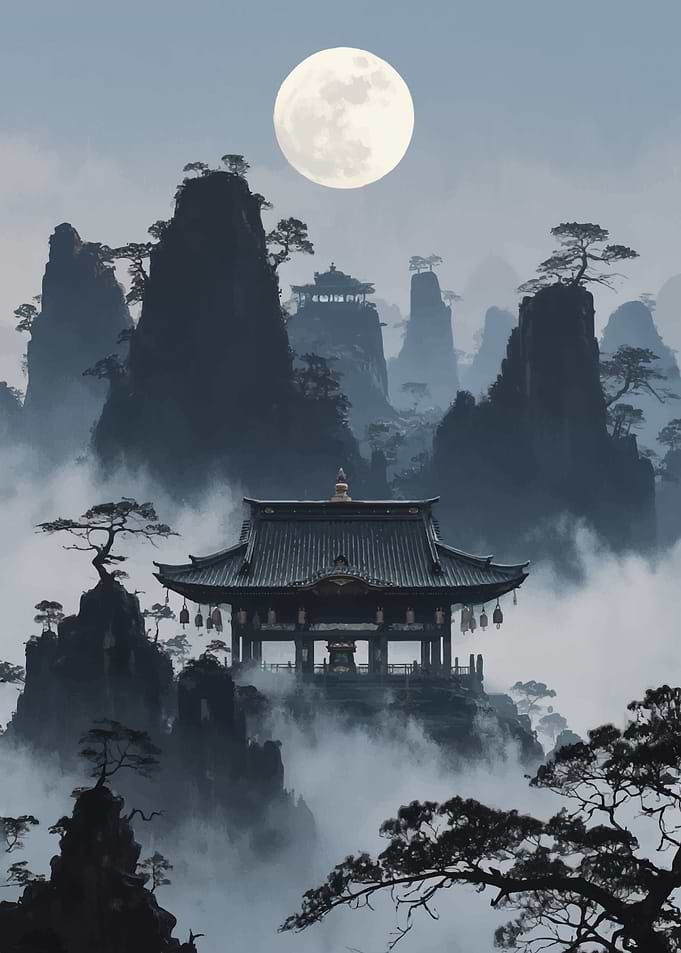 Misty Mountains Temple Under Full Moon