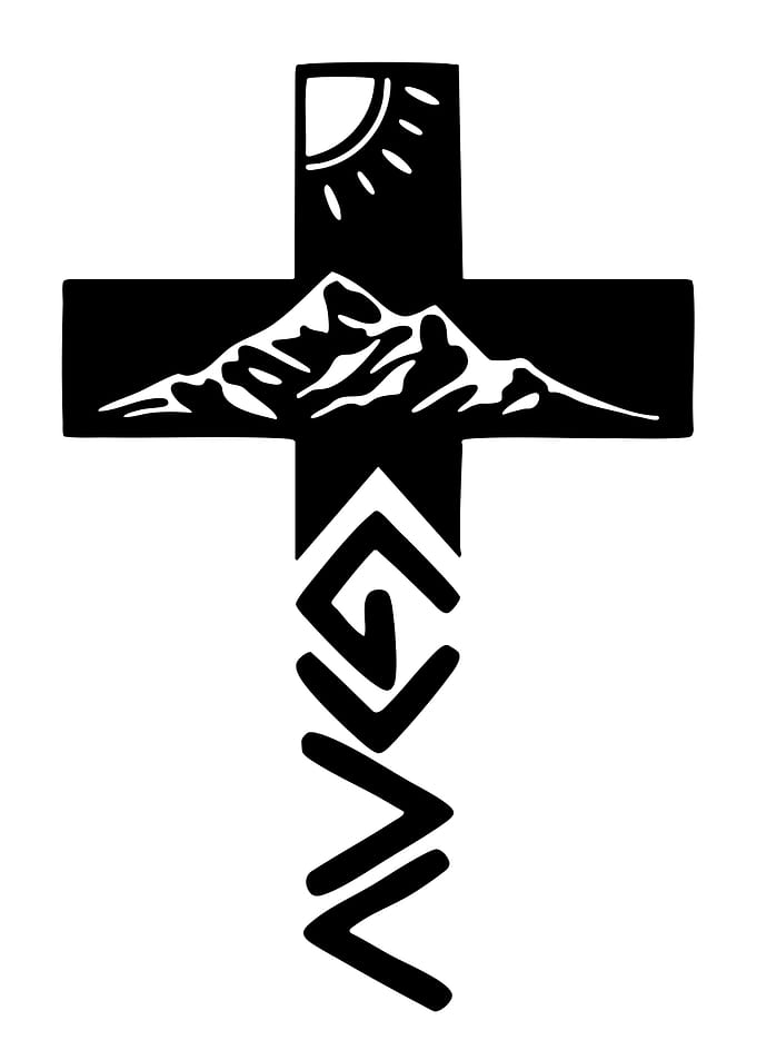 Christian Cross with Mountains and Sun