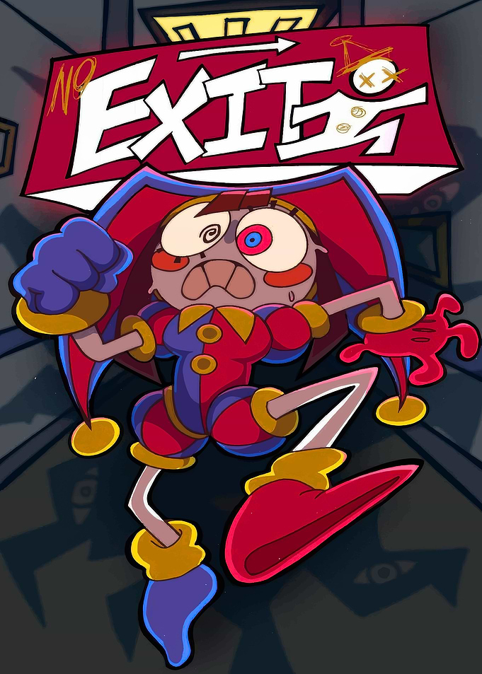 Scared Jester Character with No Exit Sign