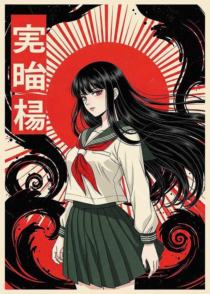 Anime Schoolgirl with Japanese Text