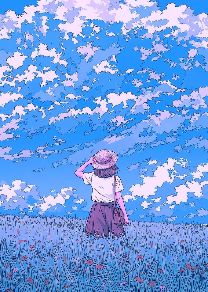 Girl in a field under a cloudy sky