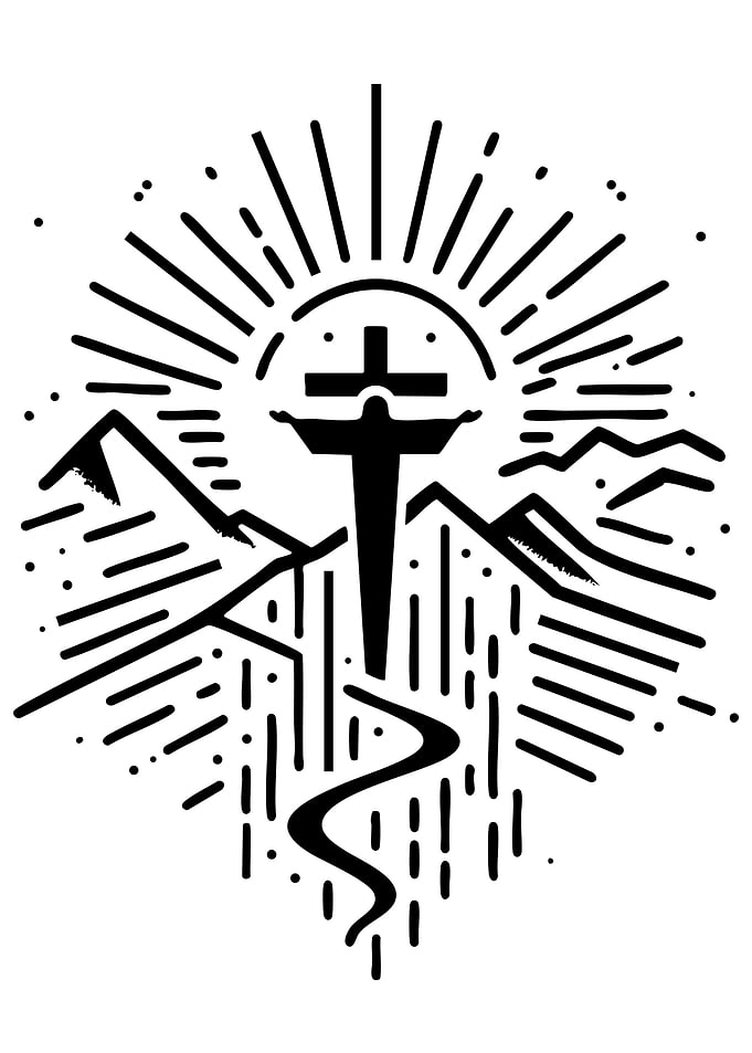 Jesus Christ on Cross with Mountains and Sun