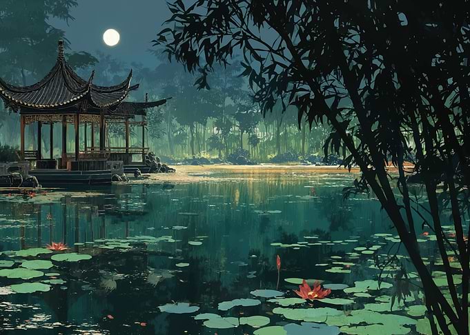 Serene Asian Pagoda by Moonlit Lake