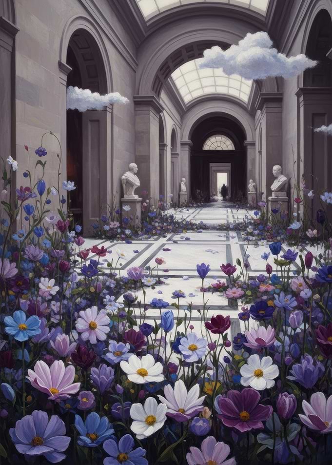 Surreal Museum Hallway with Flowers and Clouds