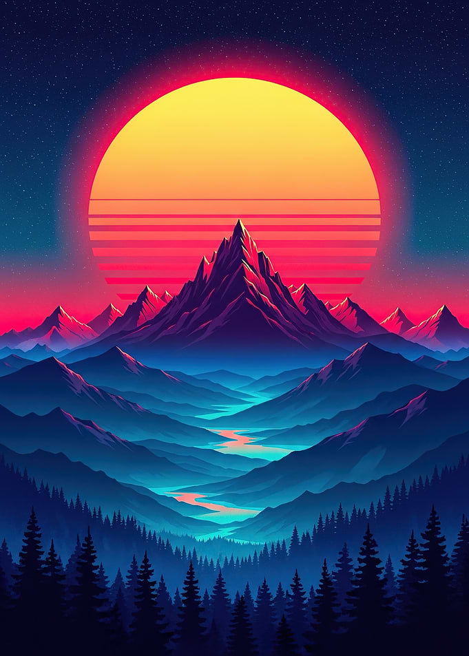 Retro Mountain Sunset Landscape