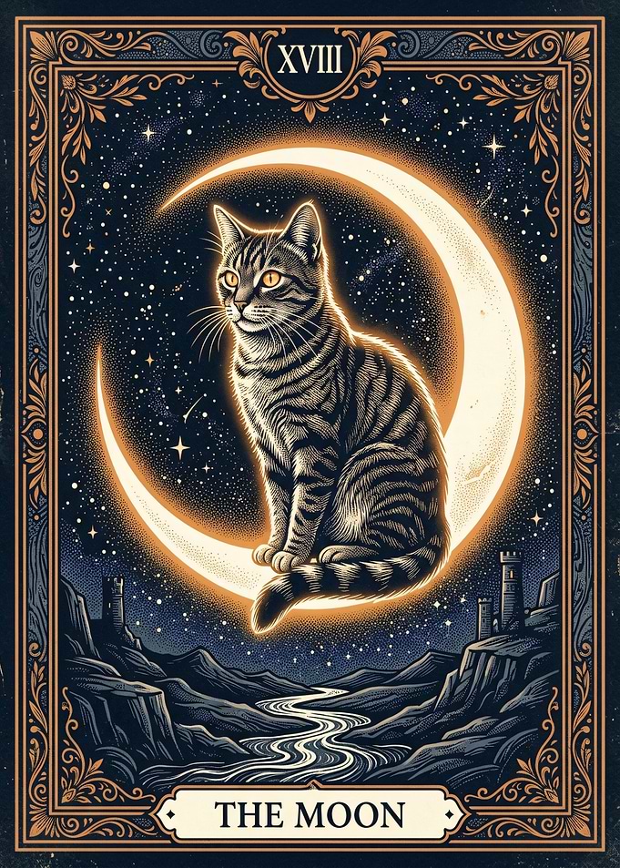 The Moon Tarot Card with Cat