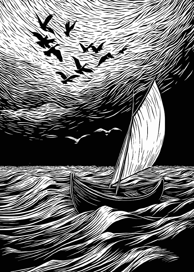 Sailboat on Stormy Seas with Birds